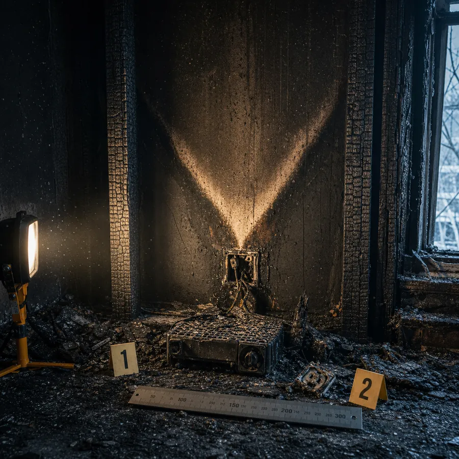 Parete annerita dal fumo con un netto segno a V che converge verso il basso su una presa elettrica carbonizzata; sul pavimento coperto di cenere una scala metrica e due cartellini numerati di repertazione, illuminati di taglio da una lampada da lavoro.