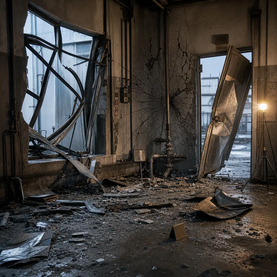 Locale industriale dopo un'esplosione: porta d'acciaio divelta e piegata verso l'esterno, muratura fessurata in modo radiale, detriti disposti a ventaglio sul pavimento.