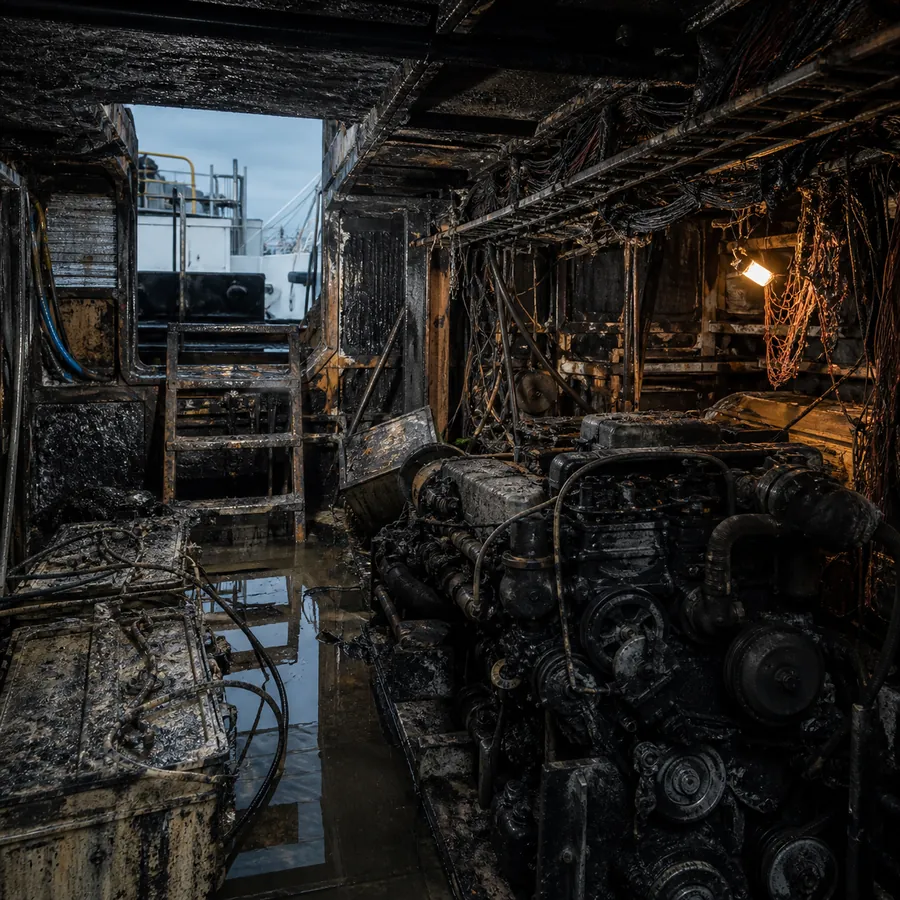 Sala macchine di un'imbarcazione bruciata: paratie carbonizzate, motore diesel annerito, cablaggi fusi che pendono da una passerella, acqua sul pagliolo e luce fredda dal boccaporto.