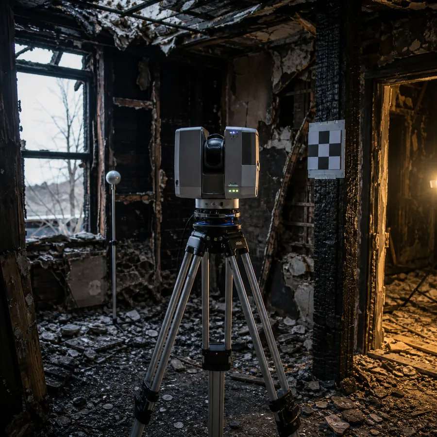 Laser scanner su treppiede al centro di un locale bruciato, con sfera di riferimento su stativo e target a scacchiera fissato a una trave annerita.