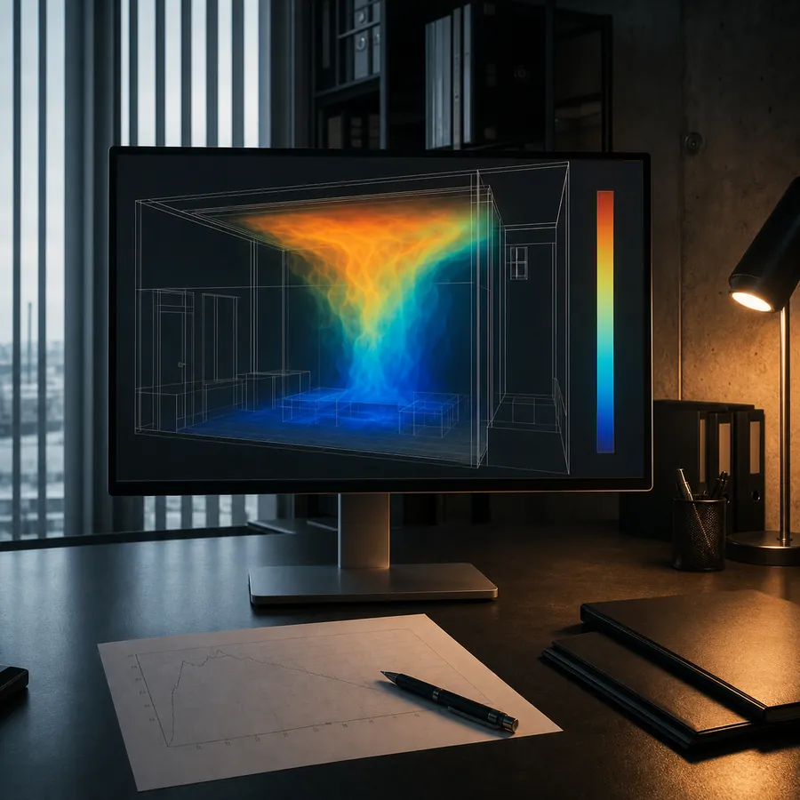 Monitor in uno studio tecnico al buio con una simulazione fluidodinamica d'incendio: pennacchio di gas caldi in falsi colori, dal blu all'arancione, dentro la geometria a filo di ferro di un locale.