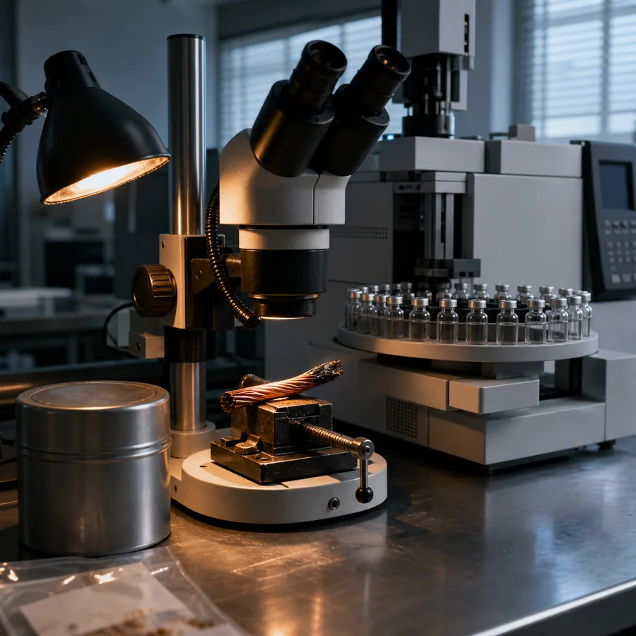 Bancone di laboratorio forense: gascromatografo con carosello di fiale di vetro, microscopio stereoscopico, barattolo reperti sigillato e frammento di conduttore in rame sotto la luce del microscopio.