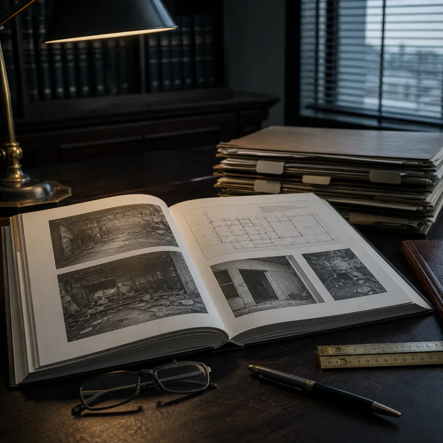 Scrivania di studio legale con una relazione tecnica aperta su fotografie di scena e una planimetria, occhiali da lettura, penna stilografica, scalimetro e faldoni con separatori colorati.