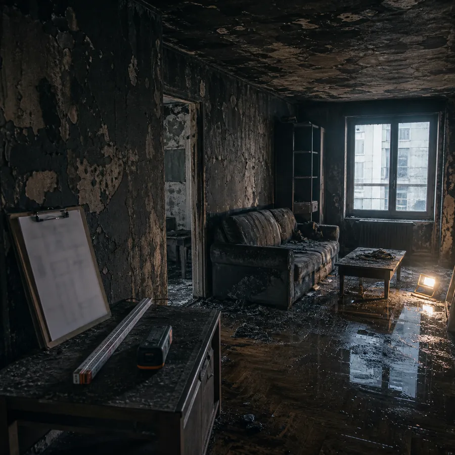 Interno di appartamento danneggiato dall'incendio in fase di stima: pareti e soffitto anneriti dal fumo, arredi coperti di fuliggine, acqua sul pavimento, asta metrica e distanziometro laser su un tavolino.