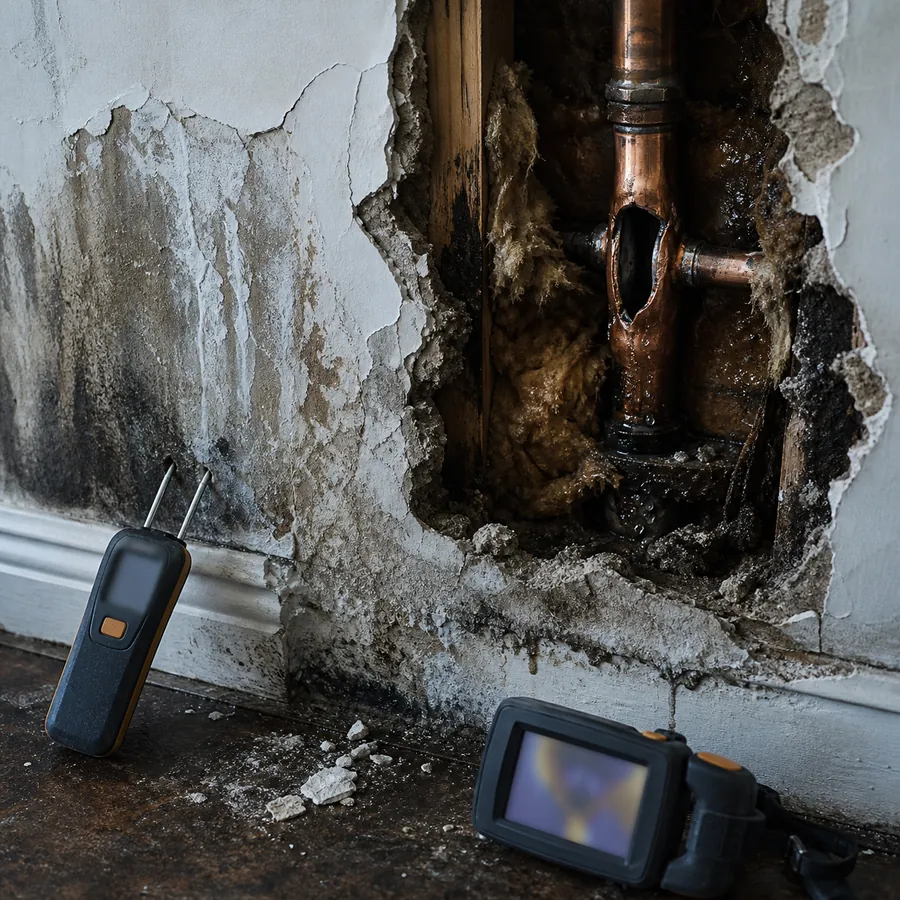 Giunto in rame rotto dentro una parete aperta: aloni d'acqua e depositi calcarei sull'intonaco, isolante fradicio, muffa scura ai bordi; accanto una termocamera e un igrometro a puntali infilato nell'intonaco.