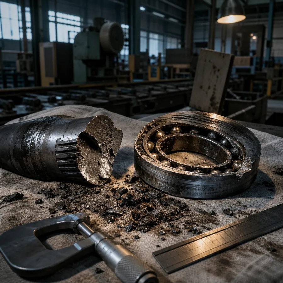Componente industriale guasto su un banco d'officina: cuscinetto grippato con pista rigata e albero fratturato, trucioli metallici e grasso scuro, accanto un micrometro e una scala metrica.
