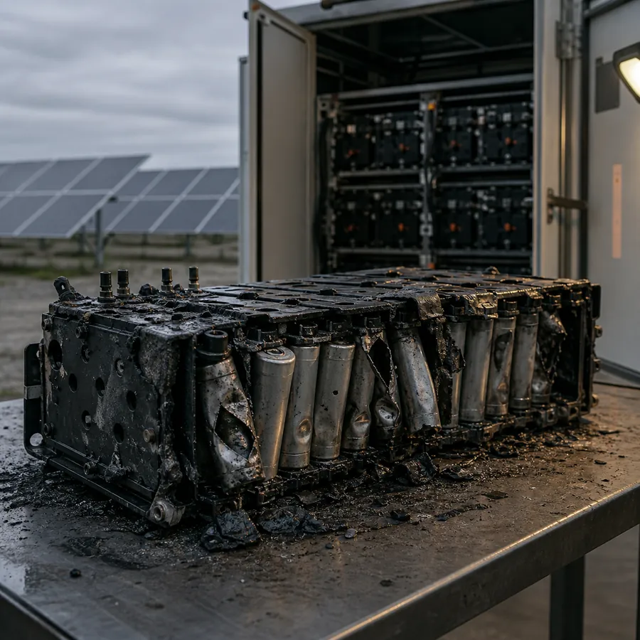 Pacco batteria al litio danneggiato da thermal runaway su un tavolo d'esame: celle cilindriche gonfie e squarciate, barre di collegamento annerite; sullo sfondo un armadio di accumulo aperto e una fila di pannelli fotovoltaici.
