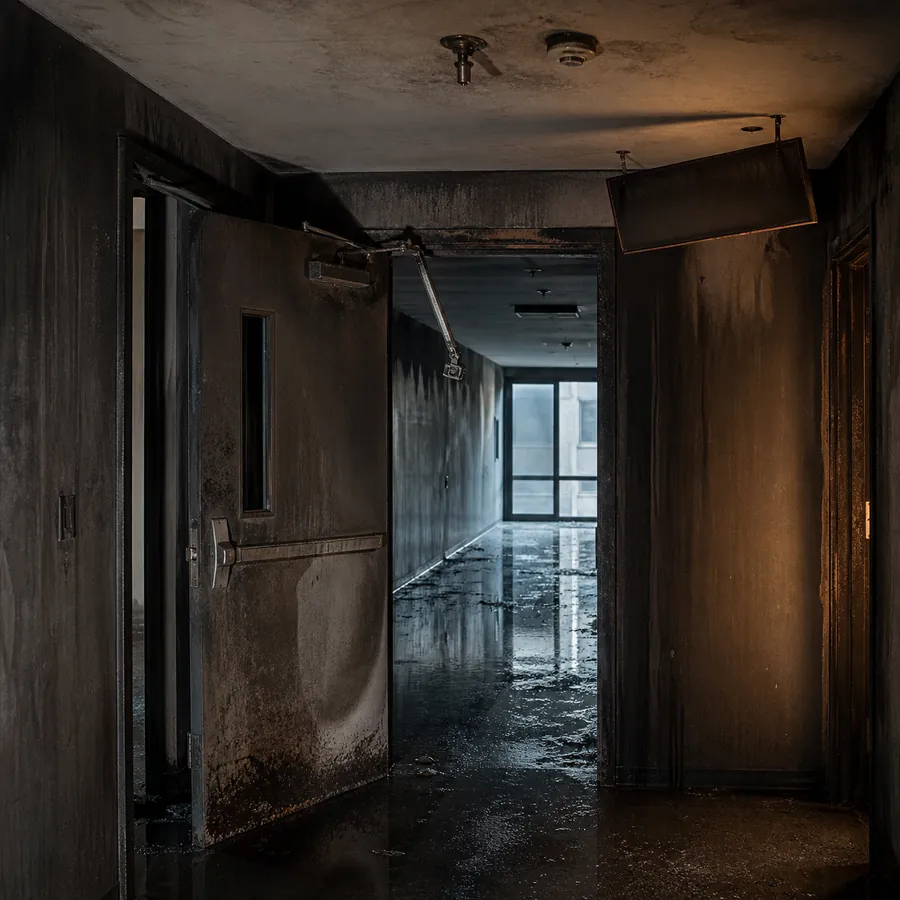 Corridoio di edificio commerciale dopo un incendio: porta tagliafuoco aperta con il chiudiporta staccato, sprinkler fuso e scaricato a soffitto, rivelatore di fumo annerito, cartello d'emergenza inclinato e acqua sul pavimento.