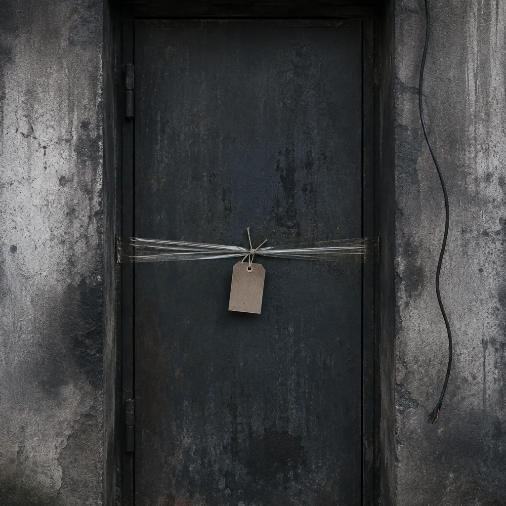 Porta metallica annerita di un locale tecnico chiusa e sigillata con nastro e cartellino di identificazione, intonaco affumicato attorno al telaio e cavo elettrico pendente sul lato.