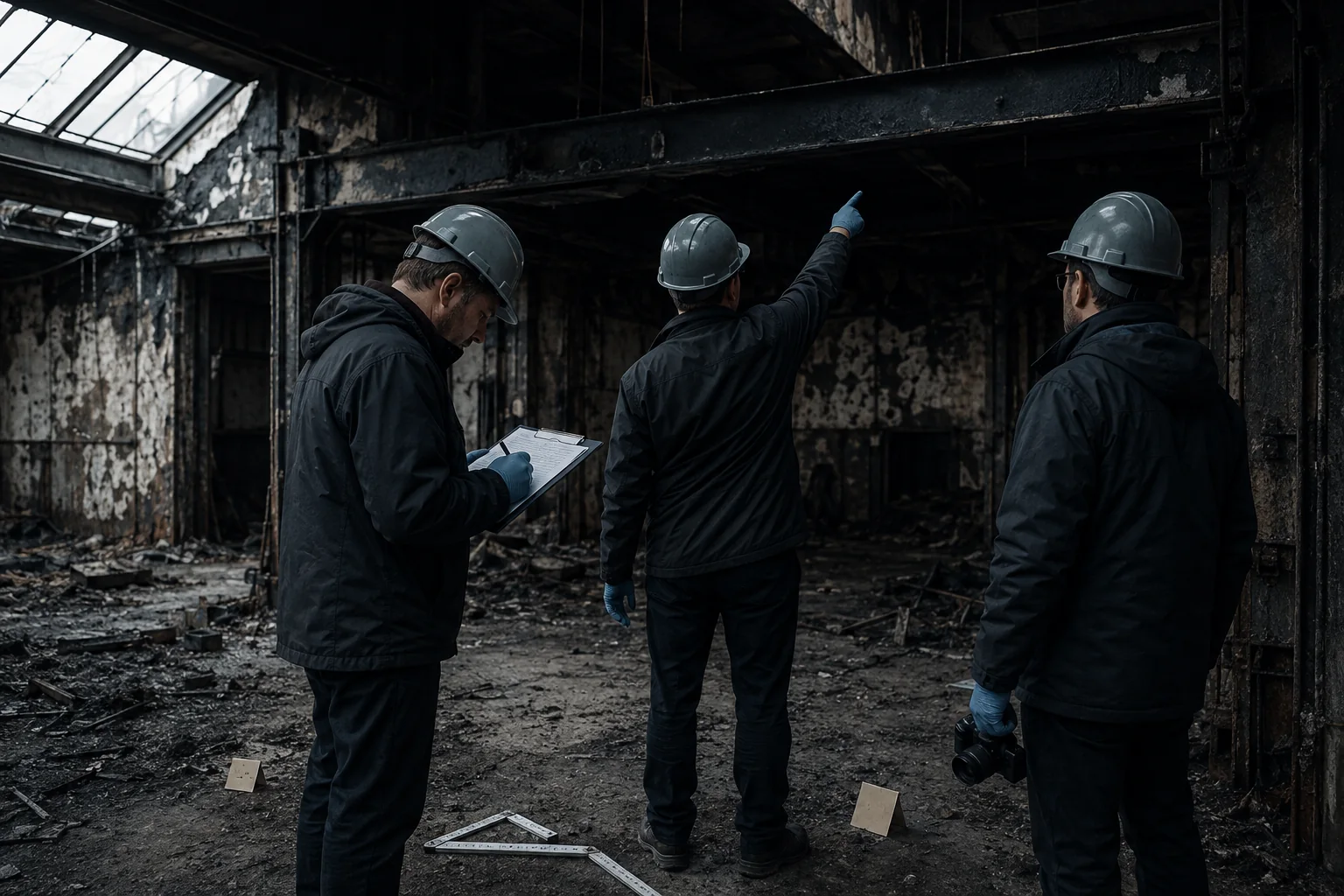 Tre tecnici con caschetto e guanti in un locale industriale bruciato durante le operazioni peritali: uno annota su un verbale appoggiato a una cartella rigida, un altro indica una trave annerita, sul pavimento cartellini numerati e un metro rigido.