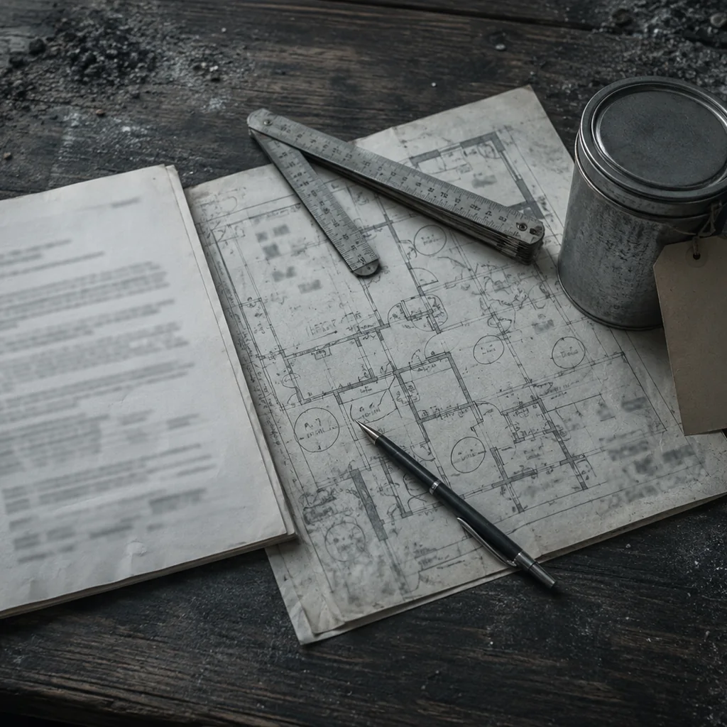 Tavolo di lavoro con verbale di operazioni peritali dattiloscritto, planimetria annotata a matita con numeri di reperto cerchiati, metro rigido, penna e barattolo metallico sigillato con cartellino.
