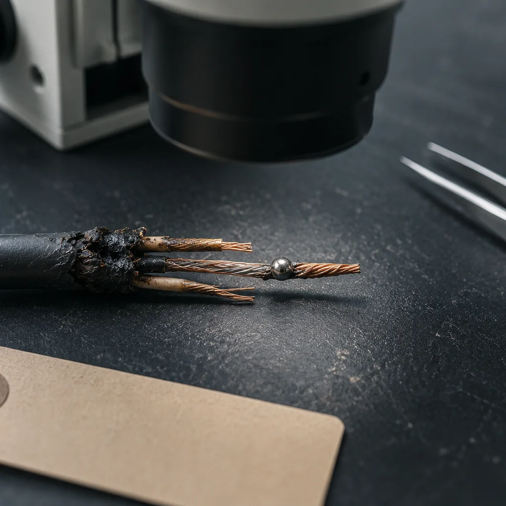 Spezzone di cavo elettrico in rame con guaina fusa e una perlina metallica di fusione localizzata su un conduttore, osservato sotto un microscopio stereoscopico su un piano da laboratorio scuro.
