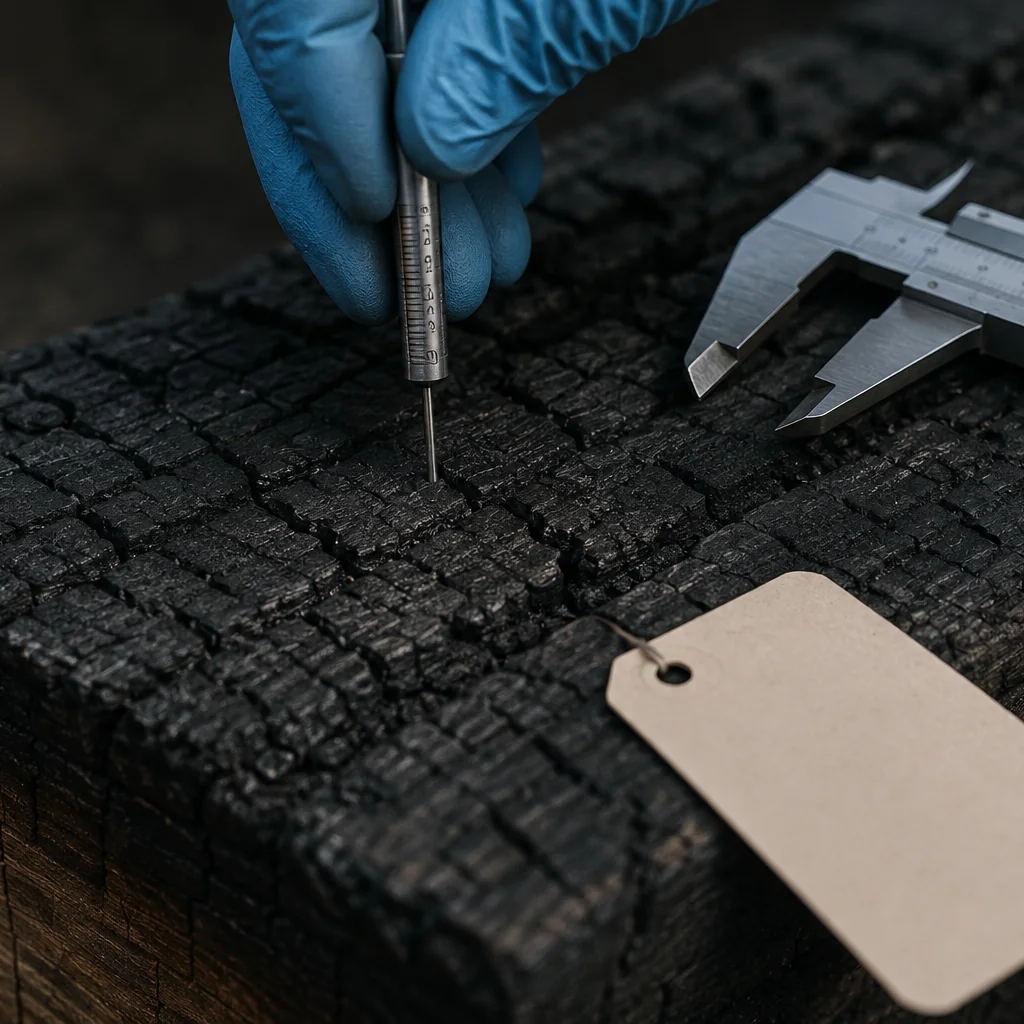 Mano con guanto in nitrile che inserisce una sonda a spillo graduata nella carbonizzazione di un travetto di legno annerito, con calibro e cartellino numerato appoggiati accanto sulla superficie.