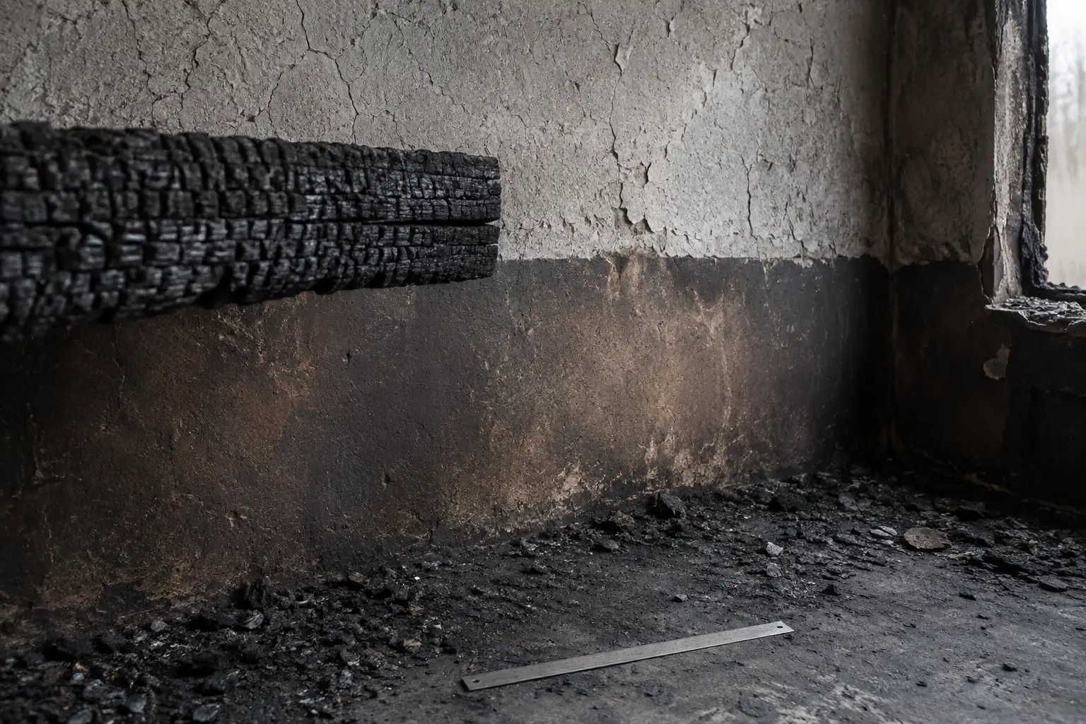 Parete con demarcazioni di combustione e linee di annerimento che convergono verso una zona più danneggiata.