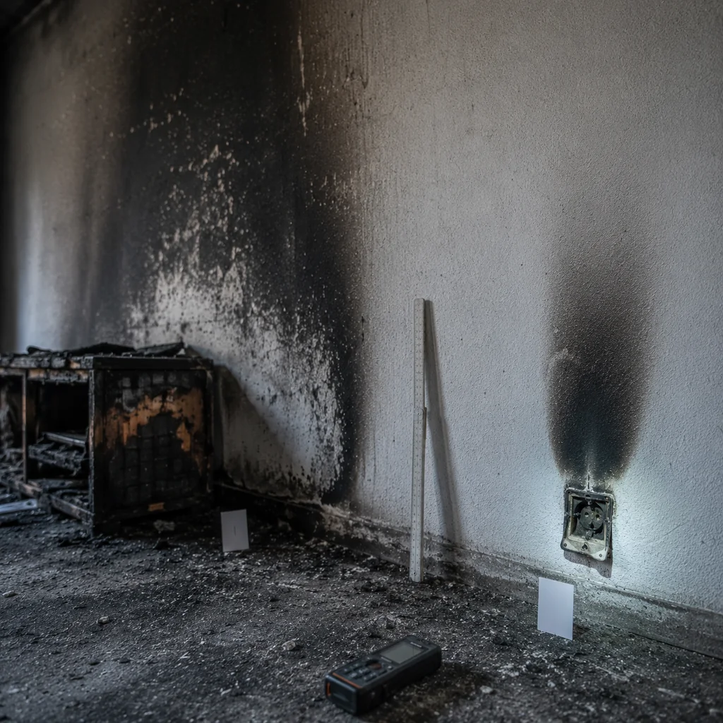 Parete di un locale incendiato con due aree candidate a distanza di pochi metri: un'ampia traccia di fumo che si allarga verso l'alto dietro un mobile basso carbonizzato e, più a destra, un alone più piccolo sopra una presa elettrica con la placca deformata dal calore, ciascuna segnalata da un cartellino a terra.