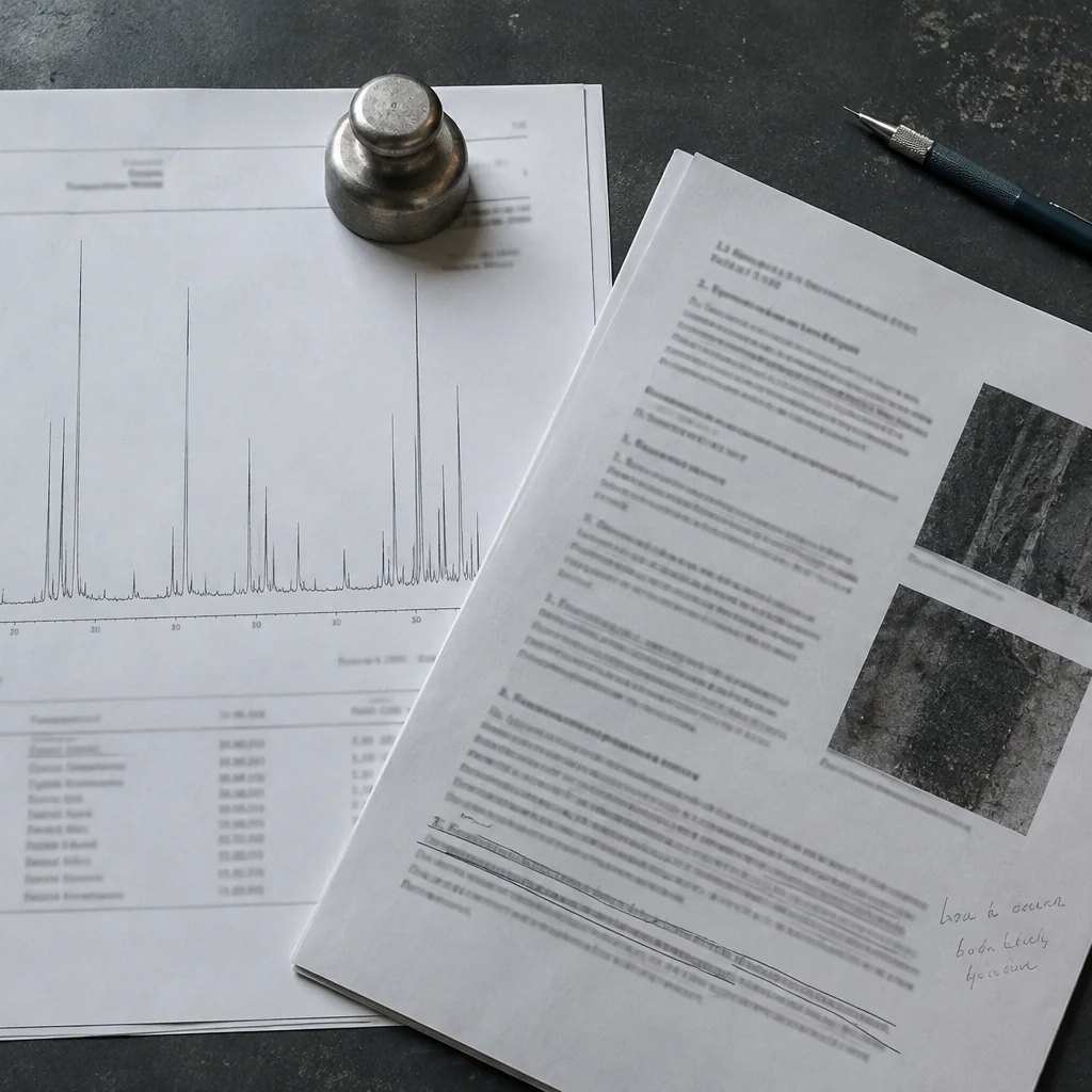 Rapporto di prova di laboratorio con tracciato gascromatografico stampato, affiancato a una pagina di relazione tecnica con passaggi sottolineati e una nota a margine scritta a mano.