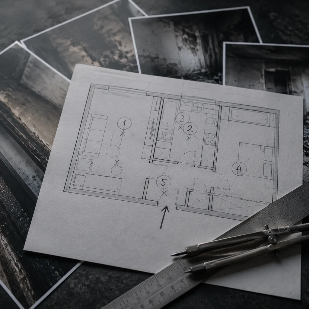 Planimetria di un appartamento annotata a matita con la numerazione dei punti di prelievo, appoggiata su un fascio di stampe fotografiche di pareti annerite, con scalimetro e compasso accanto.