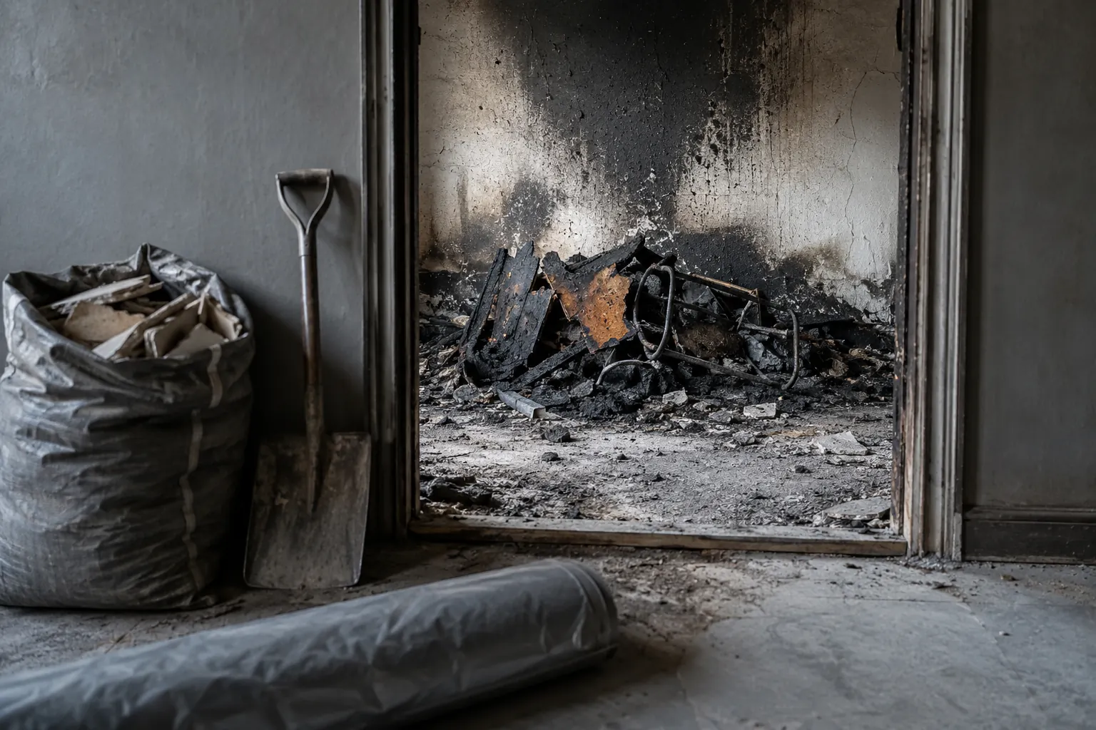 Soglia di una stanza dopo un incendio: oltre la porta il cumulo di detriti carbonizzati dell'area d'origine è rimasto intatto sotto un ampio pattern di fuliggine, mentre in primo piano un sacco per macerie aperto e una pala segnano il punto in cui lo sgombero si è fermato.