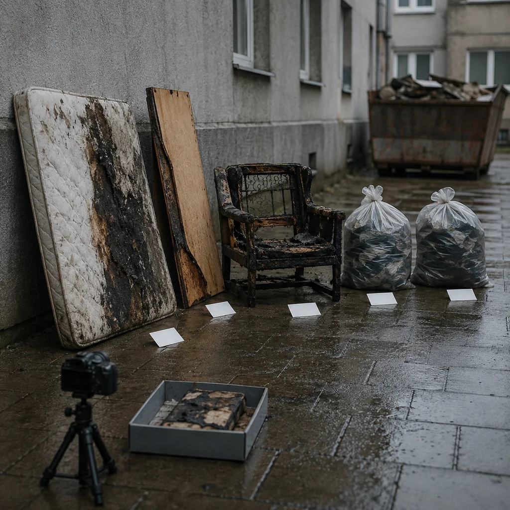 Mobili e materassi bruciati allineati sul pavimento di un cortile prima del conferimento
       in discarica, ciascuno con un cartellino segnaposto davanti, una fotocamera su treppiede a bassa altezza e una scatola con un frammento trattenuto fuori dalla fila.