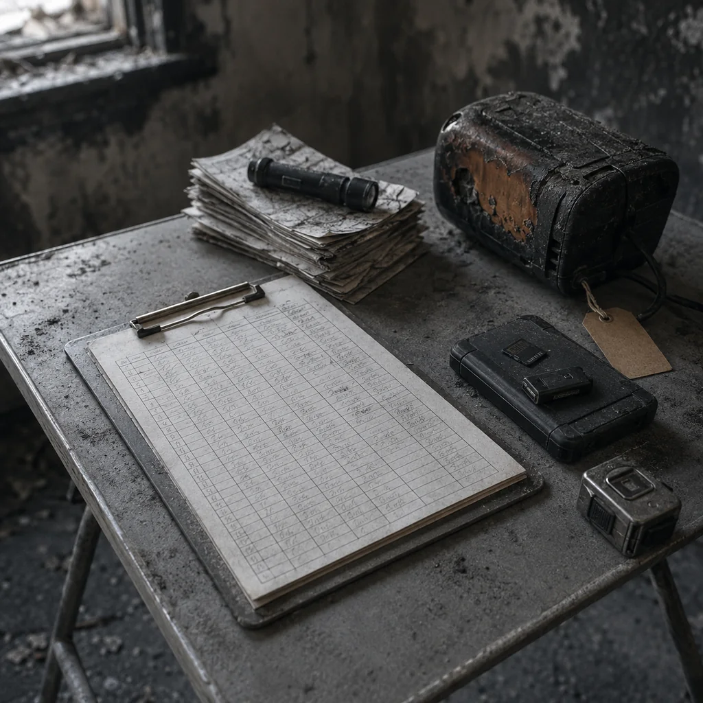 Tavolo pieghevole usato come postazione di documentazione in una stanza invasa dalla fuliggine, con inventario dei beni danneggiati su appunti a colonne, fatture sporche di fuliggine, un piccolo elettrodomestico bruciato con cartellino e un disco esterno con scheda di memoria per la copia delle fotografie.