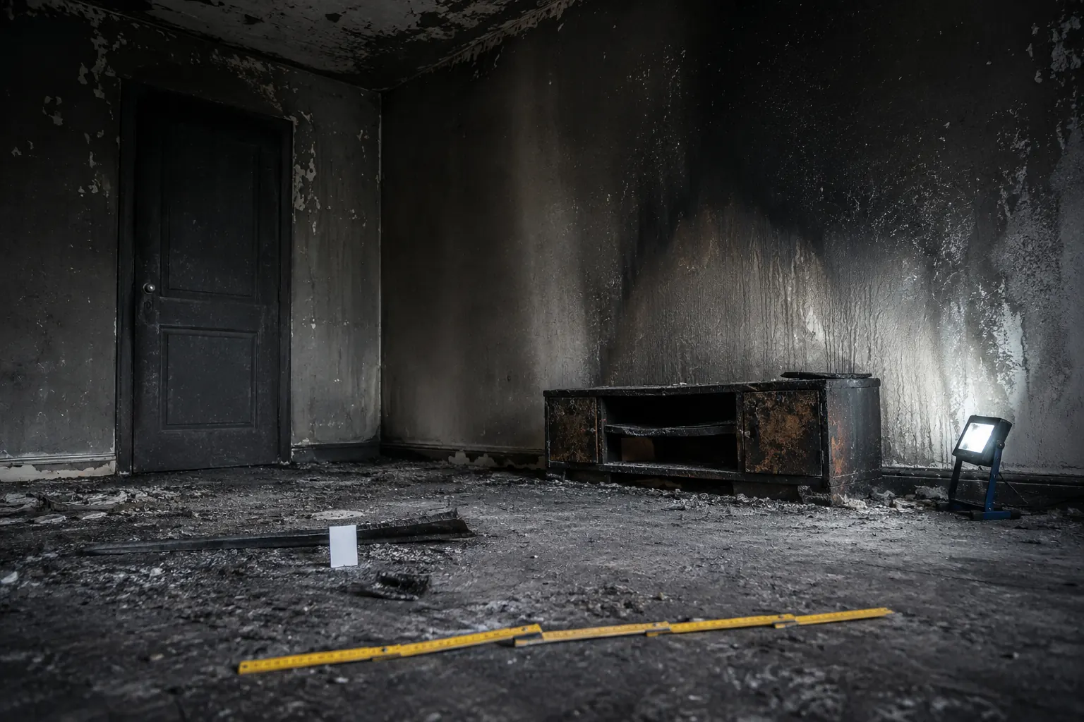 Ripresa d'insieme di una stanza dopo un incendio, con pavimento e soffitto nella stessa inquadratura, il mobile carbonizzato e il pattern di fuliggine sulla parete, e in primo piano un metro pieghevole aperto sul pavimento come riferimento di scala accanto a un cartellino numerato.