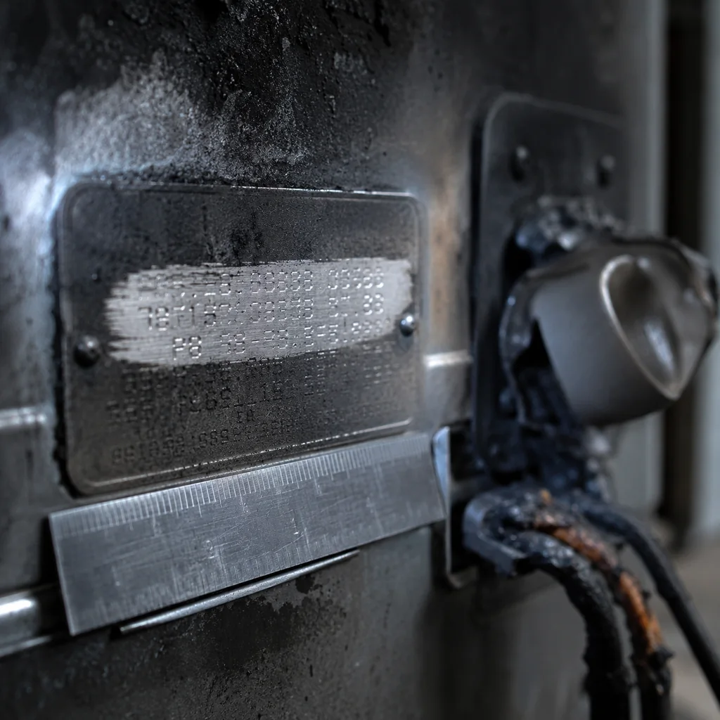 Targa dati di un apparecchio domestico coinvolto in un incendio, ripulita solo in una fascia per rendere leggibile la matricola, con un righello metallico appoggiato accanto e, sullo sfondo sfocato, una manopola fusa e cavi anneriti.