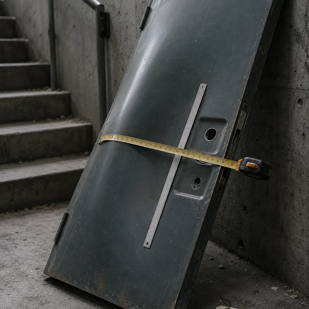 Porta metallica strappata dalle cerniere e piegata verso l’esterno appoggiata al muro di un vano scala, con impronta del telaio impressa nella lamiera e calamita metrica appoggiata sulla curvatura.