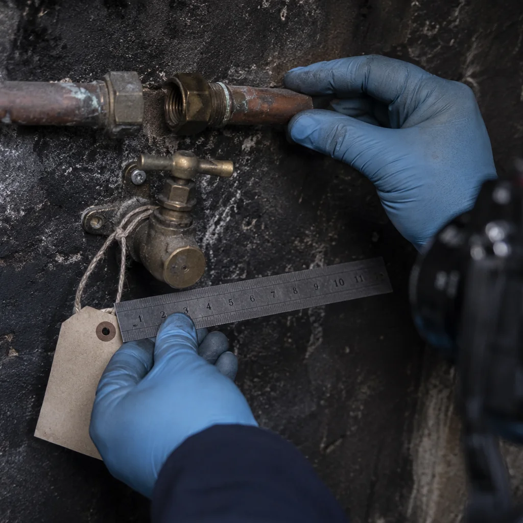 Mani con guanti in nitrile che esaminano un tratto di tubazione gas in rame con raccordo a compressione allentato, accanto a una valvola di intercettazione fotografata nella posizione in cui è stata trovata, con cartellino numerato e scala metrica.