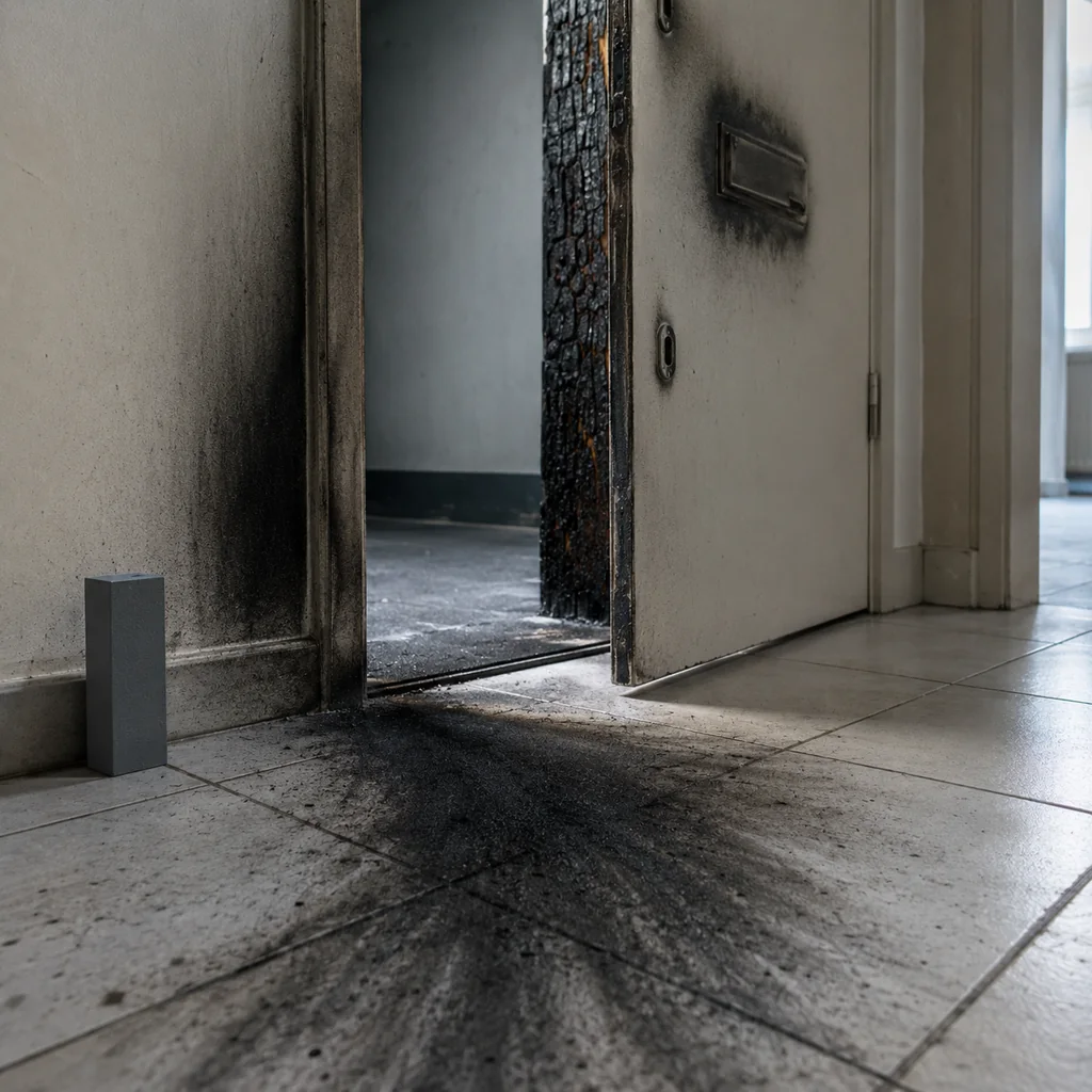 Porta d'ingresso di un appartamento in affitto vista dall'interno dopo un incendio: il lato verso il pianerottolo è carbonizzato, mentre sul pavimento dell'ingresso un ventaglio di fuliggine si allarga dalla soglia verso l'interno, con alone scuro attorno alla bocchetta della posta.