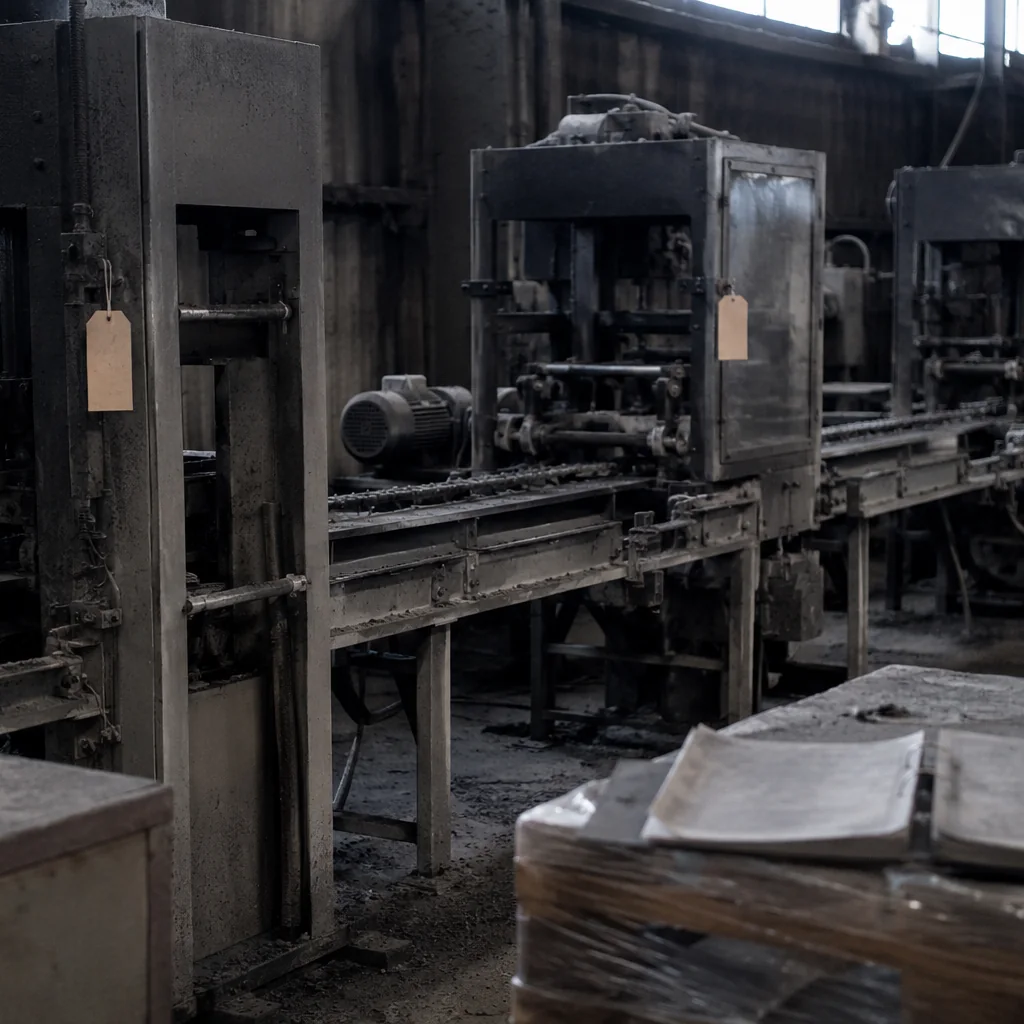 Linea di produzione ferma in un reparto affumicato, con cartellini numerati applicati su tre macchinari e un registro di inventario appoggiato su un bancale ancora avvolto in pellicola.