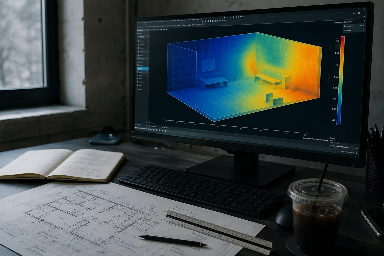 Monitor su una scrivania tecnica che mostra la geometria di un compartimento discretizzata in celle di calcolo con mappa di temperature in scala di colore, accanto a planimetria annotata e taccuino con le assunzioni del modello.