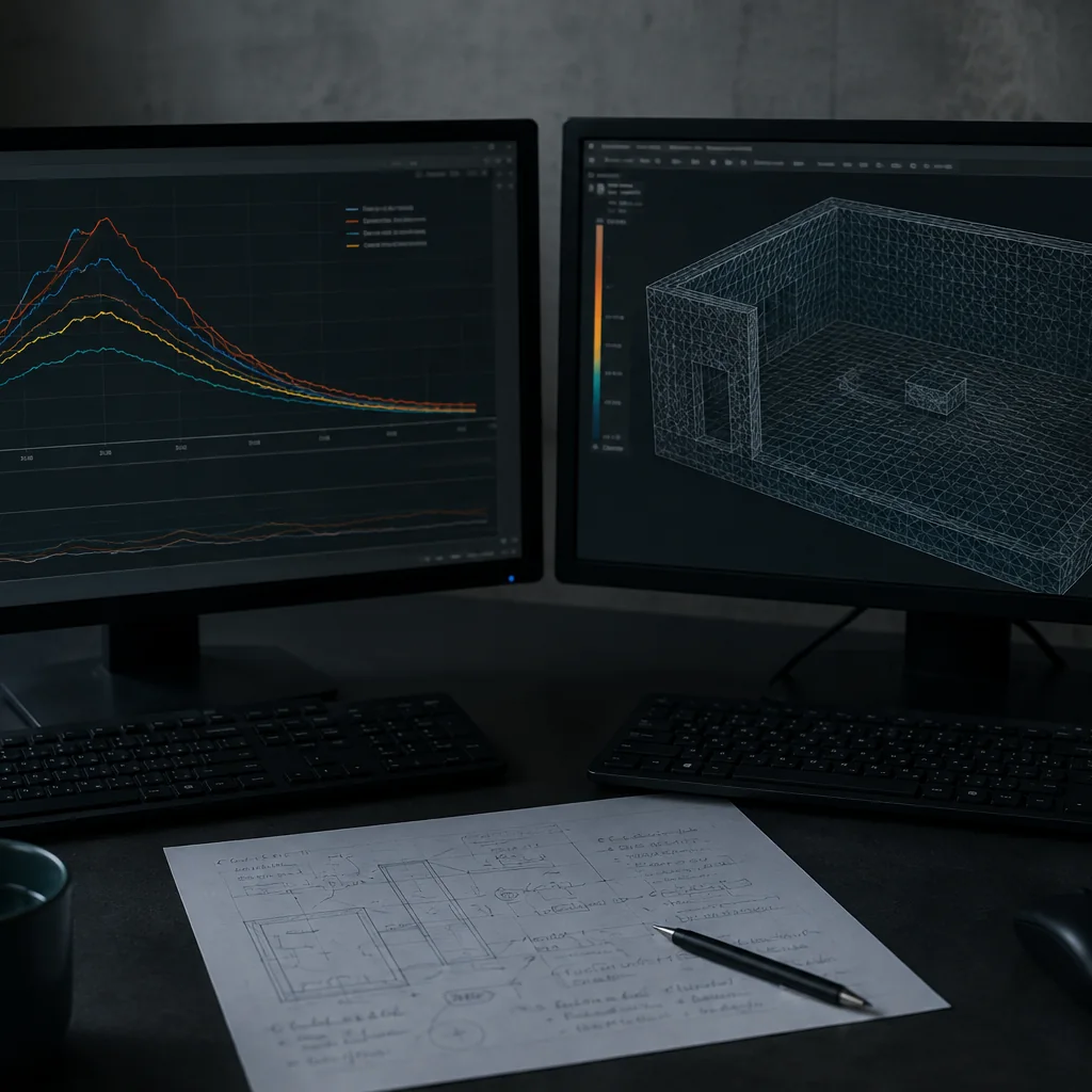 Postazione di lavoro con due schermi affiancati, uno con grafici di temperatura di strato nel tempo e l’altro con la griglia di calcolo di un compartimento in vista tridimensionale, e sul tavolo un foglio con l’elenco numerato delle assunzioni.