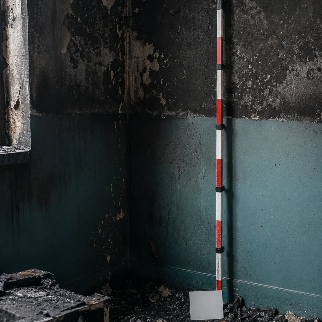 Angolo di un locale dopo un incendio generalizzato, con linea di demarcazione netta sulla parete che segna il livello raggiunto dallo strato di fumi caldi e intonaco distaccato in modo uniforme al di sopra di essa.