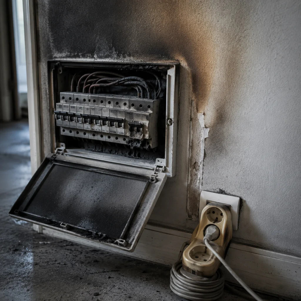 Quadro elettrico di un appartamento locato dopo l'incendio, con lo sportello aperto, un interruttore magnetotermico deformato dal calore, i conduttori screpolati e, in basso, una presa a muro con ciabatta e prolunga dell'inquilino ancora inserite.