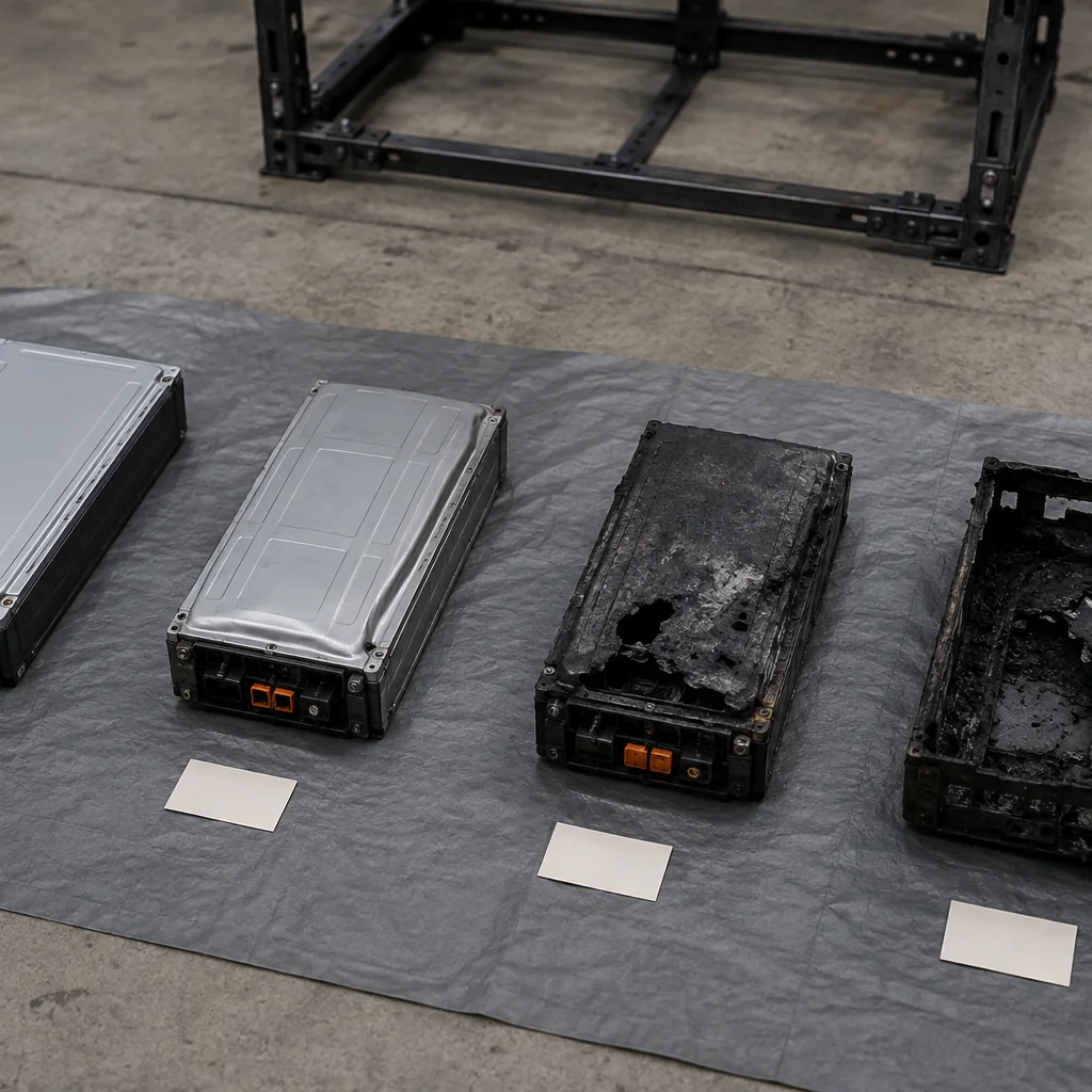 Rack di un sistema di accumulo con moduli batteria estratti e allineati su un telo, alcuni integri e altri con involucro rigonfio e coperchi di sfiato aperti, ciascuno con cartellino numerato.