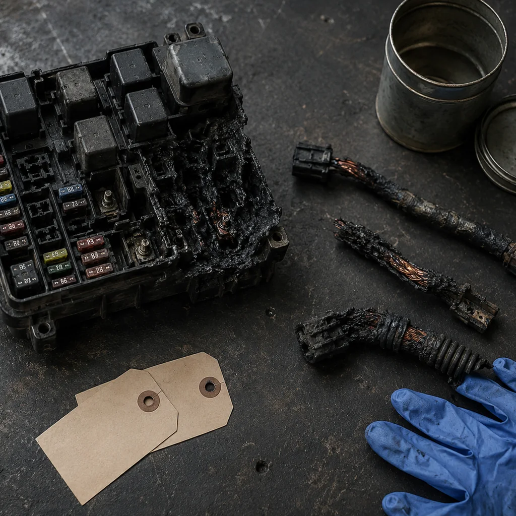 Scatola portafusibili di un'autovettura estratta e appoggiata su un piano di lavoro scuro accanto a spezzoni di cablaggio carbonizzato, cartellini numerati e barattolo metallico per reperti, con guanti in nitrile a lato.