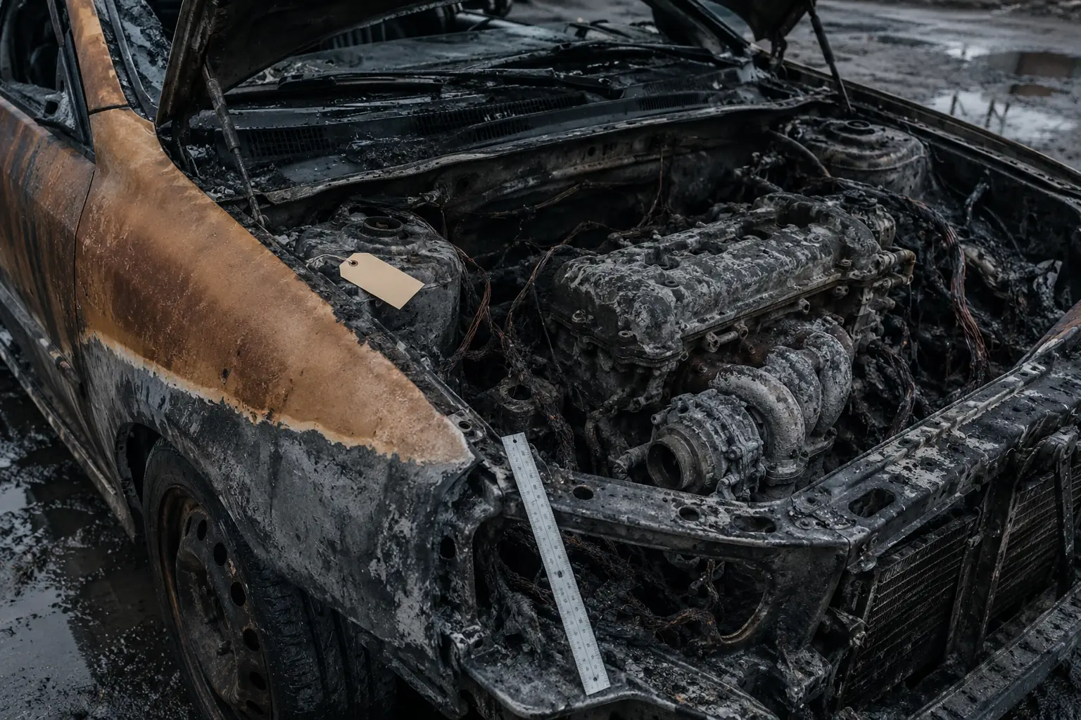 Vano motore di un'autovettura completamente bruciato con cablaggi carbonizzati, coperchio punterie ossidato e vernice del parafango consumata secondo un confine netto, fotografato con scalimetro appoggiato al longherone.
