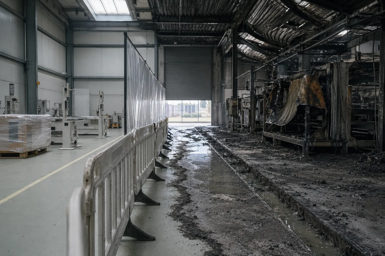 Interno di un capannone di produzione il giorno dopo un incendio in azienda: la campata colpita, con telaio del macchinario annerito e lamiera di copertura deformata, è separata da barriere e teli dalla campata rimasta intatta, con un velo d'acqua di spegnimento e fuliggine sul pavimento.