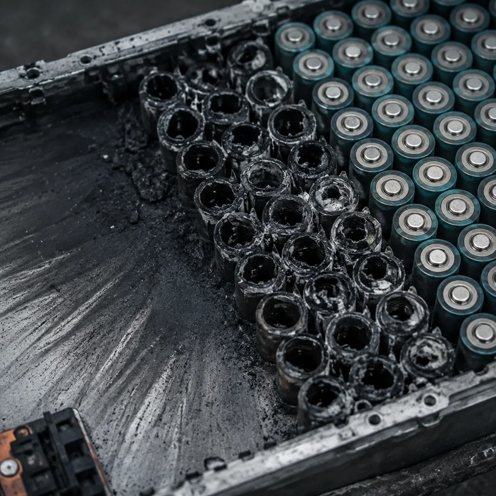 Pacco batteria al litio sezionato con celle cilindriche disposte in file, alcune integre e altre completamente svuotate e aperte in sommità, con tracce direzionali di particolato nero sull'involucro interno accanto alle celle cedute.