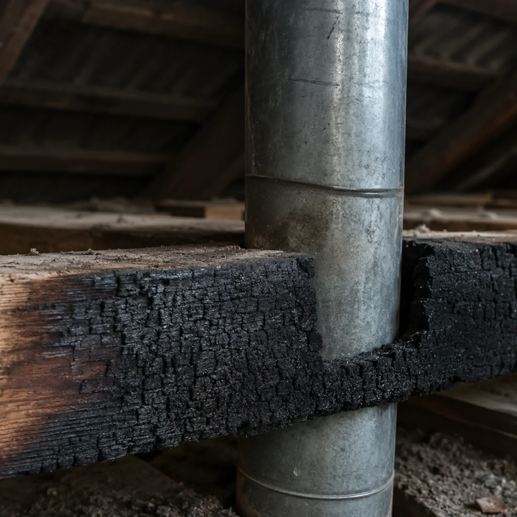 Attraversamento di un solaio in legno da parte di una canna fumaria metallica, con la trave adiacente profondamente carbonizzata sul lato rivolto al condotto e assenza di materiale isolante nel foro di passaggio.