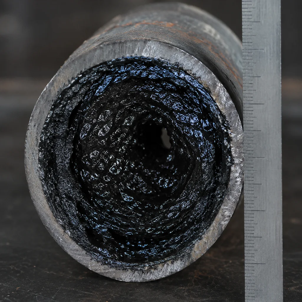 Sezione trasversale di un tratto di canna fumaria in acciaio tagliato, con uno spesso strato di deposito carbonioso nero e lucido che riduce la luce interna del tubo, appoggiata su un banco con uno scalimetro accanto.