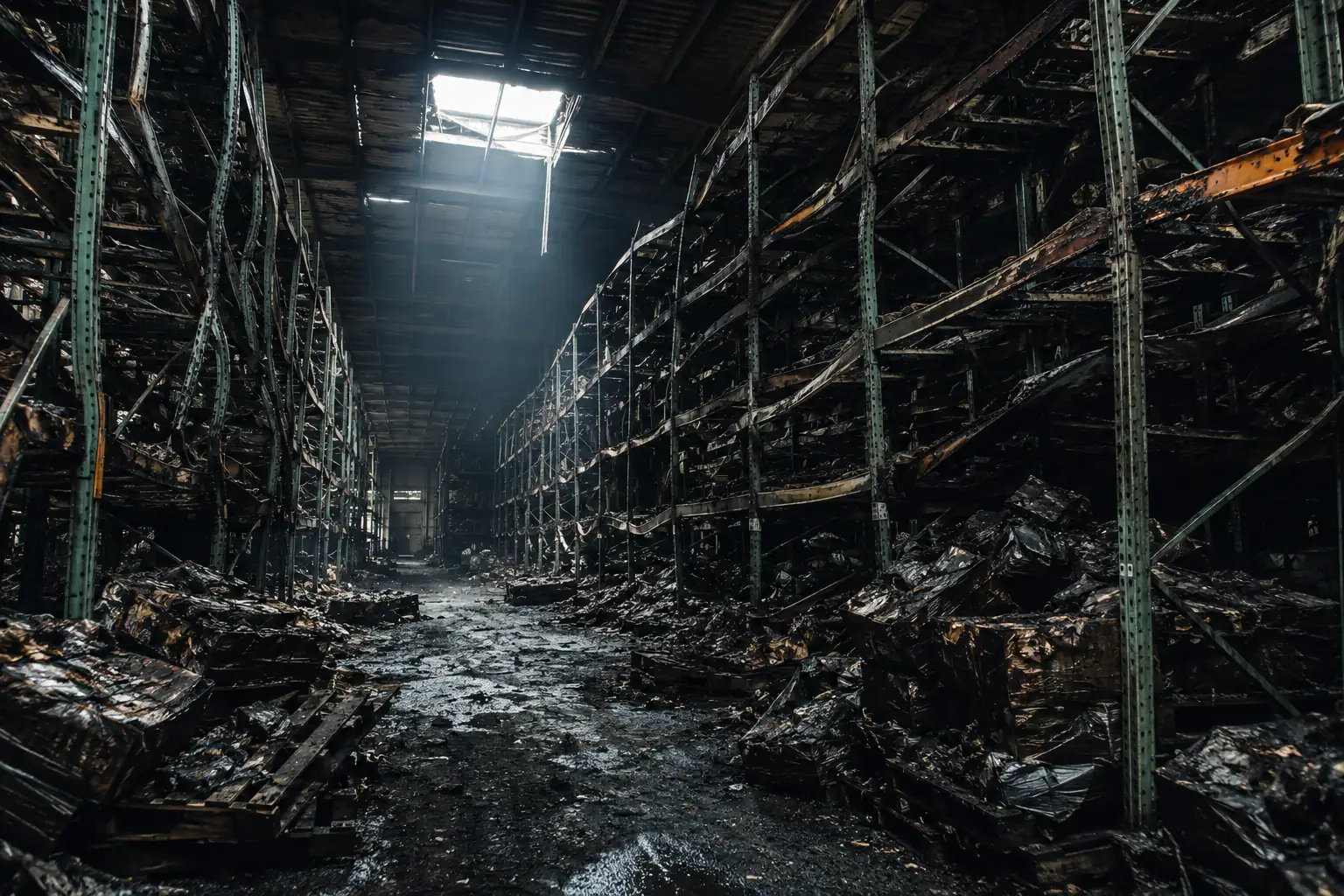 Interno di capannone industriale dopo un incendio con scaffalature metalliche deformate dal calore e copertura danneggiata.