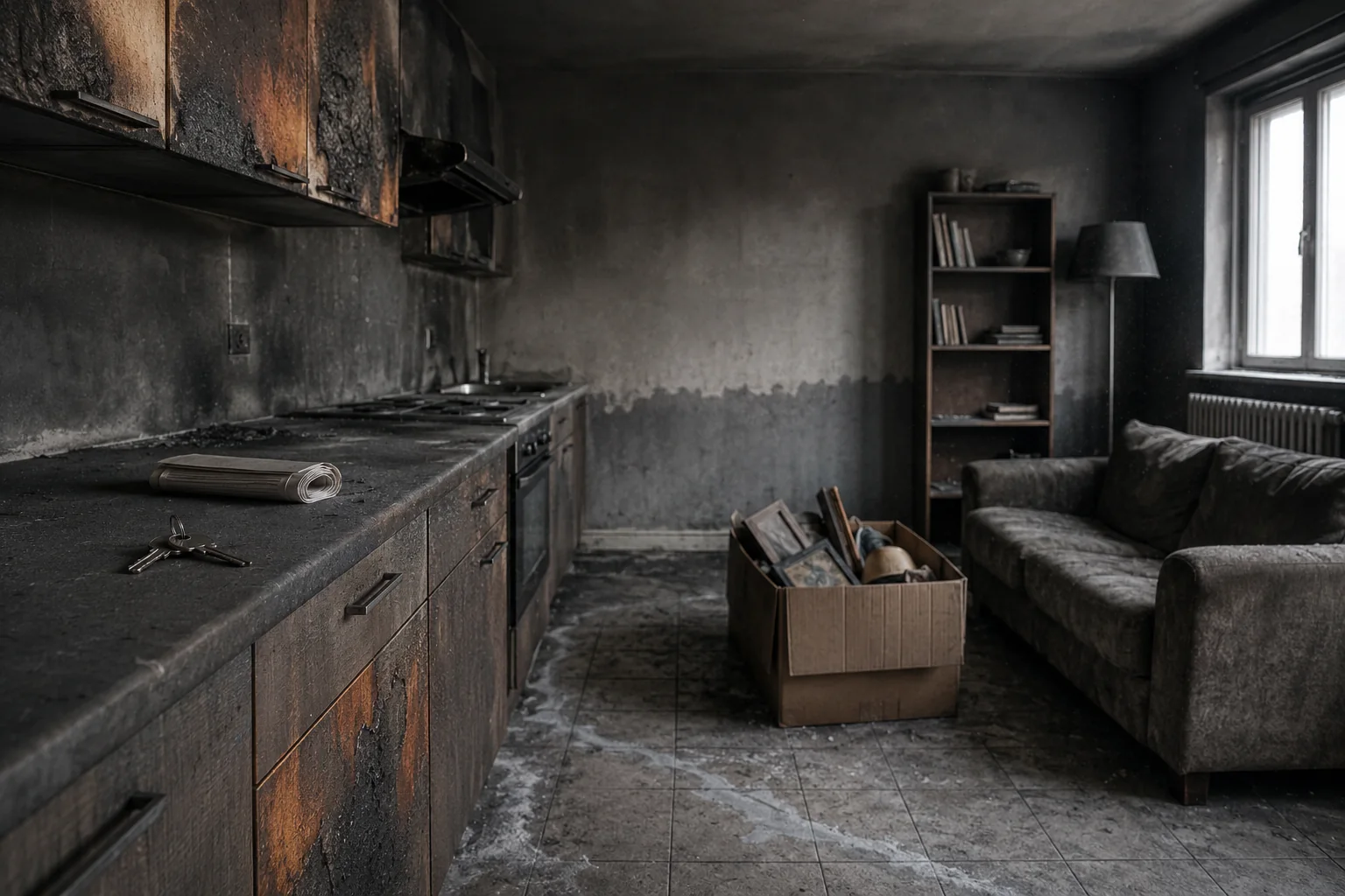 Soggiorno con angolo cottura di un appartamento in affitto dopo un incendio: a sinistra la cucina componibile e la parete del proprietario annerite dalla fuliggine, a destra il divano, la libreria e gli scatoloni dell'inquilino coperti da un deposito uniforme, con un mazzo di chiavi appoggiato sul piano di lavoro.