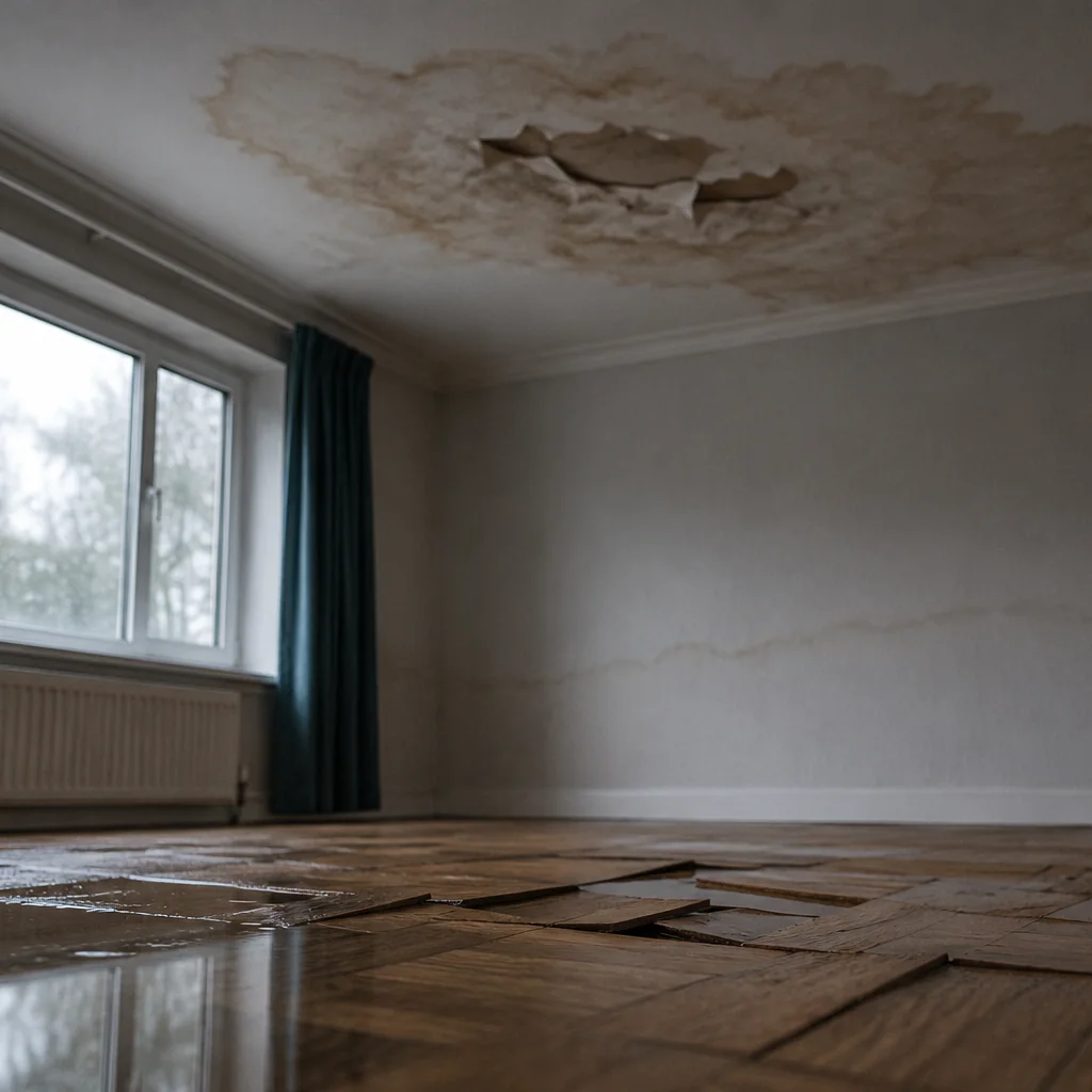 Soffitto con ampio alone di infiltrazione e intonaco distaccato sopra un parquet imbarcato e sollevato ai giunti, in una stanza senza tracce di bruciatura.
