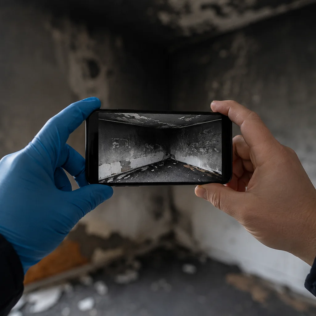 Persona che fotografa con uno smartphone l'angolo di una stanza annerita dalla fuliggine, inquadrando l'intera parete con il pavimento e il soffitto visibili nella stessa immagine.