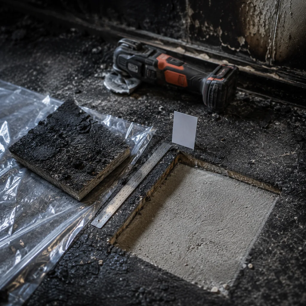 Porzione di pavimento carbonizzato già tagliata e sollevata su un telo di polietilene accanto al vuoto rettangolare che ha lasciato, con il massetto chiaro non bruciato a vista, un righello metallico lungo il bordo di taglio e un cartellino di riferimento.