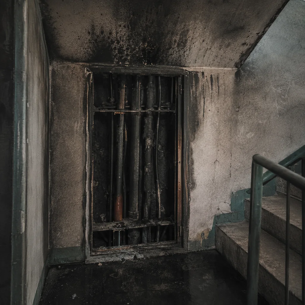 Interno di un cavedio impiantistico condominiale con tubazioni e cavi anneriti che attraversano un solaio attraverso un foro non sigillato, con tracce di fumo che salgono lungo la muratura.