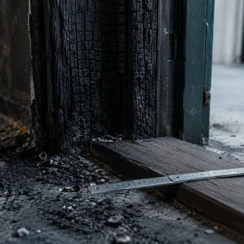 Dettaglio della soglia di una porta d'ingresso condominiale con il legno carbonizzato in profondità sul lato interno e solo affumicato sul lato del pianerottolo, con uno scalimetro metallico appoggiato accanto per riferimento.