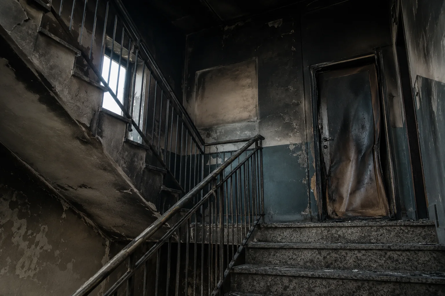 Vano scala condominiale annerito dal fumo, con corrimano metallico ossidato, intonaco scurito in modo crescente verso l'alto e una porta d'ingresso deformata sul pianerottolo.
