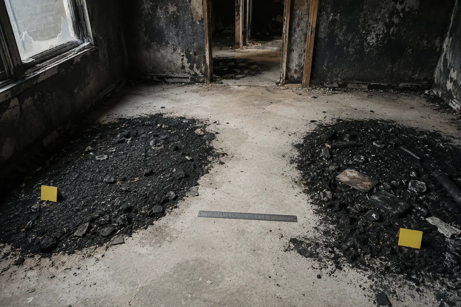 Pavimento bruciato con due aree di combustione distinte separate da una zona meno danneggiata, con cartellini numerati.